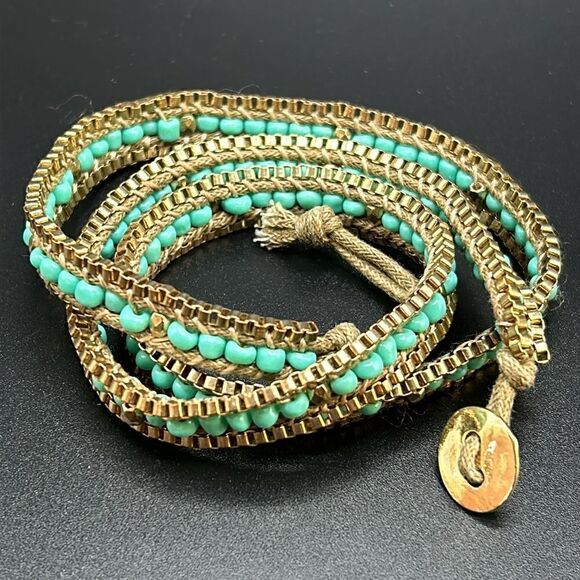 Set of Two Leather Wrap Beaded Bracelets Gold Tone Turquoise & Coral - Picture 3 of 7